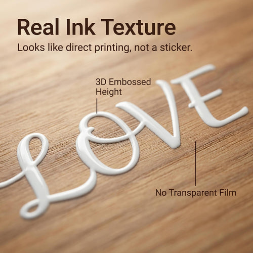  Macro shot showing the 3D embossed real ink texture of a Picrora custom UV sticker on wood with no transparent film.