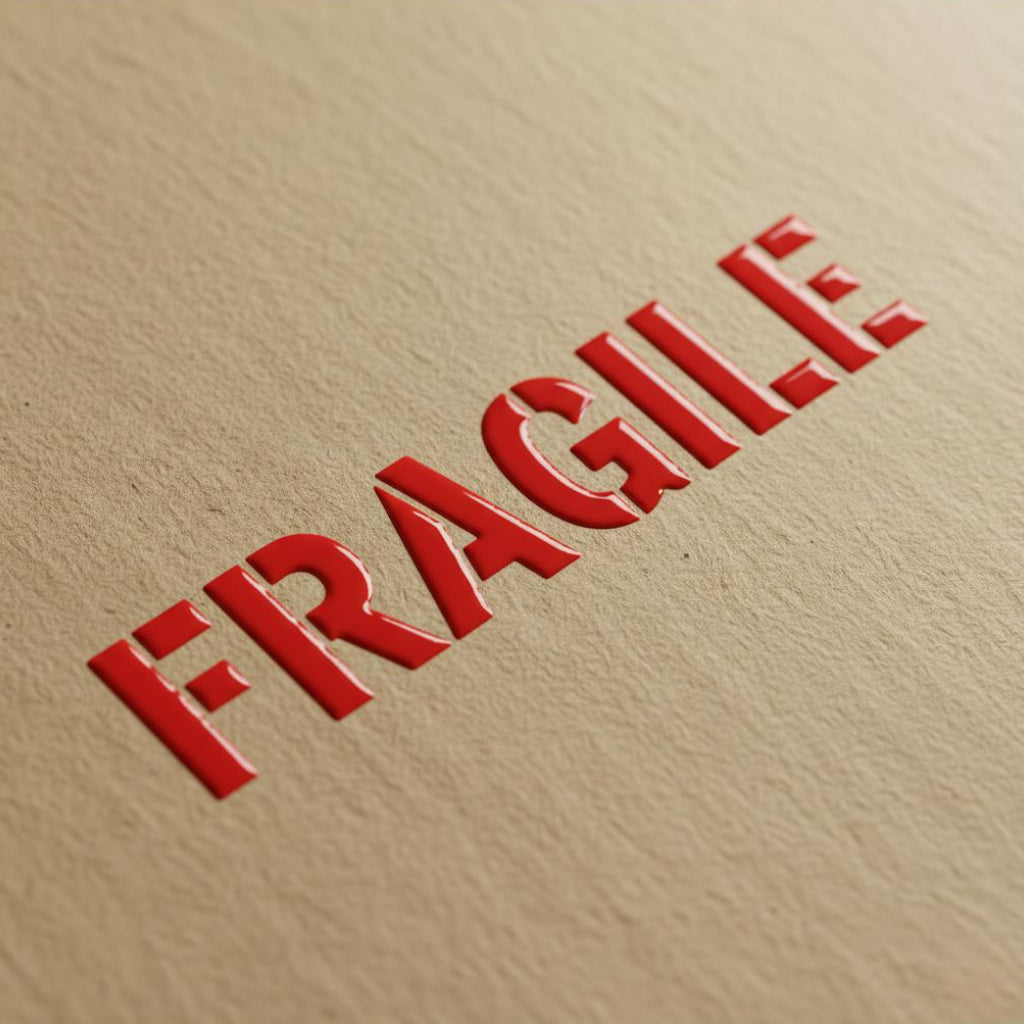Vibrant red 3D embossed UV sticker reading Fragile applied to brown kraft paper texture