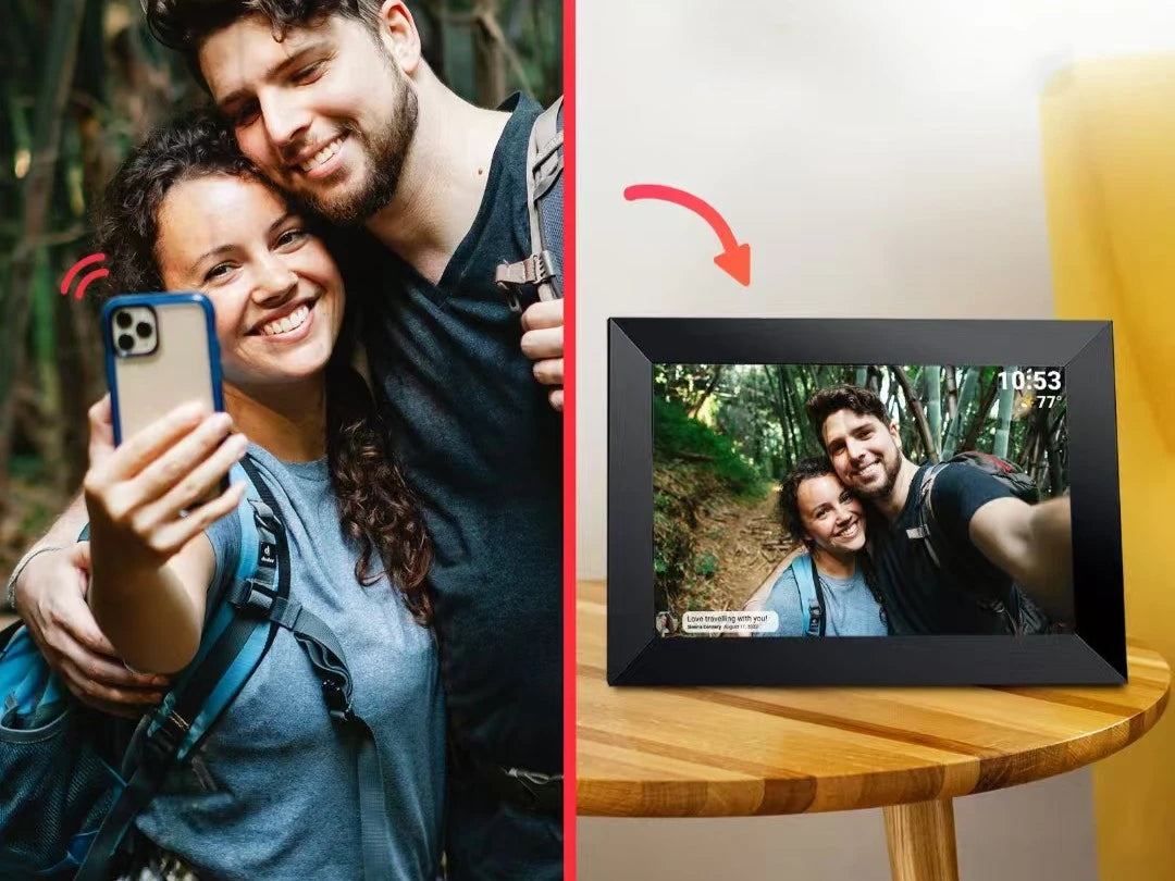 A hiking couple taking a selfie with a smartphone and instantly sharing the moment to a Picrora digital frame via the Frameo app, illustrating the 'Share your Moments' feature.