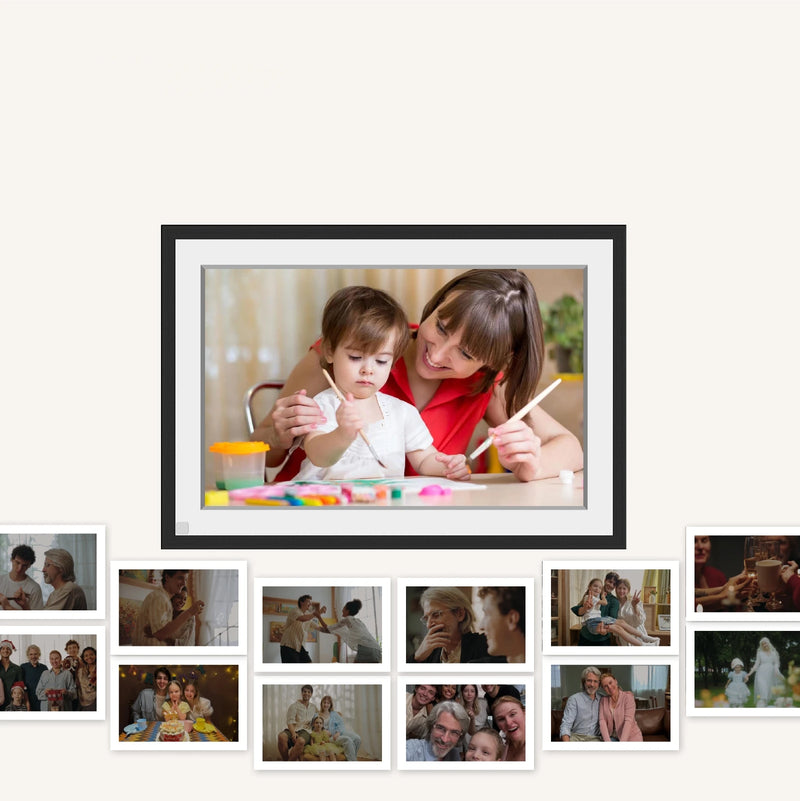 A central Picrora digital frame displaying a mother and child, surrounded by a collage of hundreds of family memories, illustrating its large internal storage capacity.