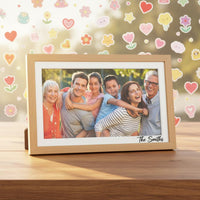 Picrora digital frame with custom text surrounded by various colorful die-cut sticker designs for gifting ideas.