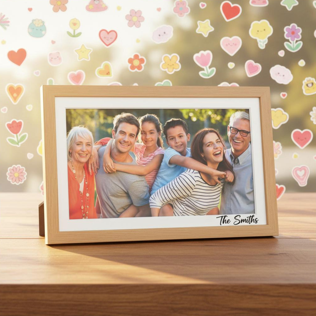 Picrora digital frame with custom text surrounded by various colorful die-cut sticker designs for gifting ideas.