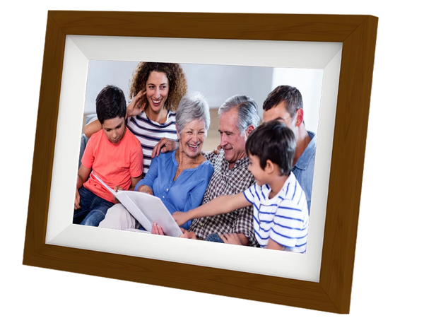 Three generations of a happy family displayed on a Picrora wooden digital frame, ideal for sharing memories with grandparents.