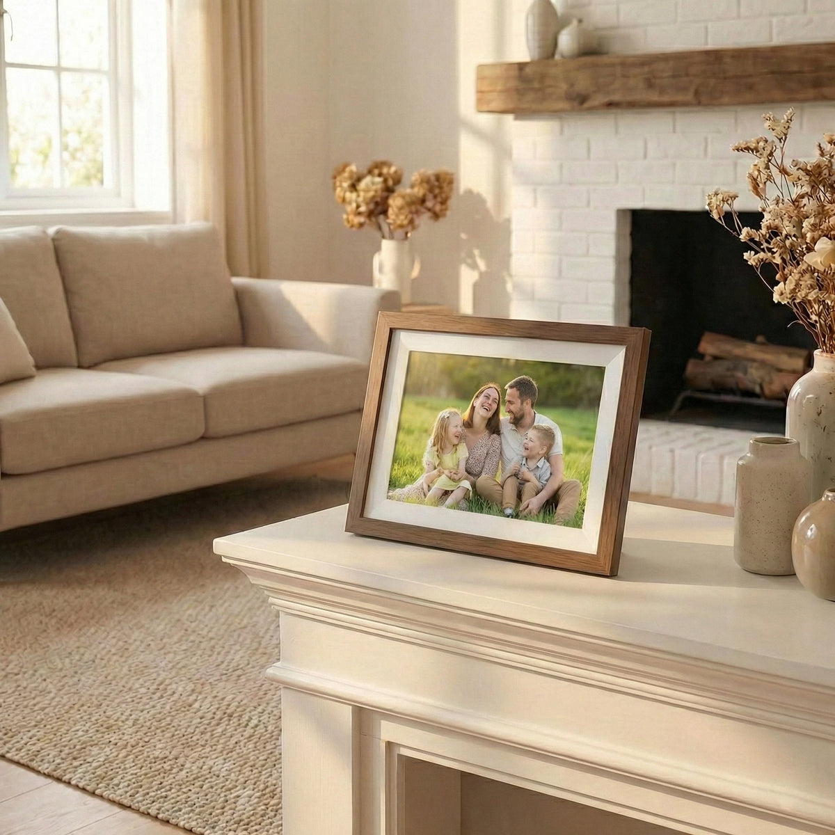  A wooden Picrora digital photo frame displaying a happy family portrait, sitting on a white mantel in a cozy living room.